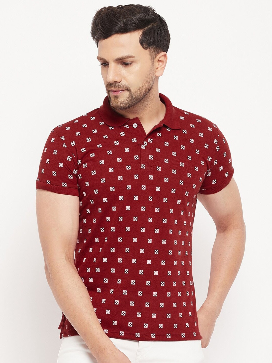 

THE MILLION CLUB Geometric Printed Polo Collar Cotton Casual T-shirt, Maroon