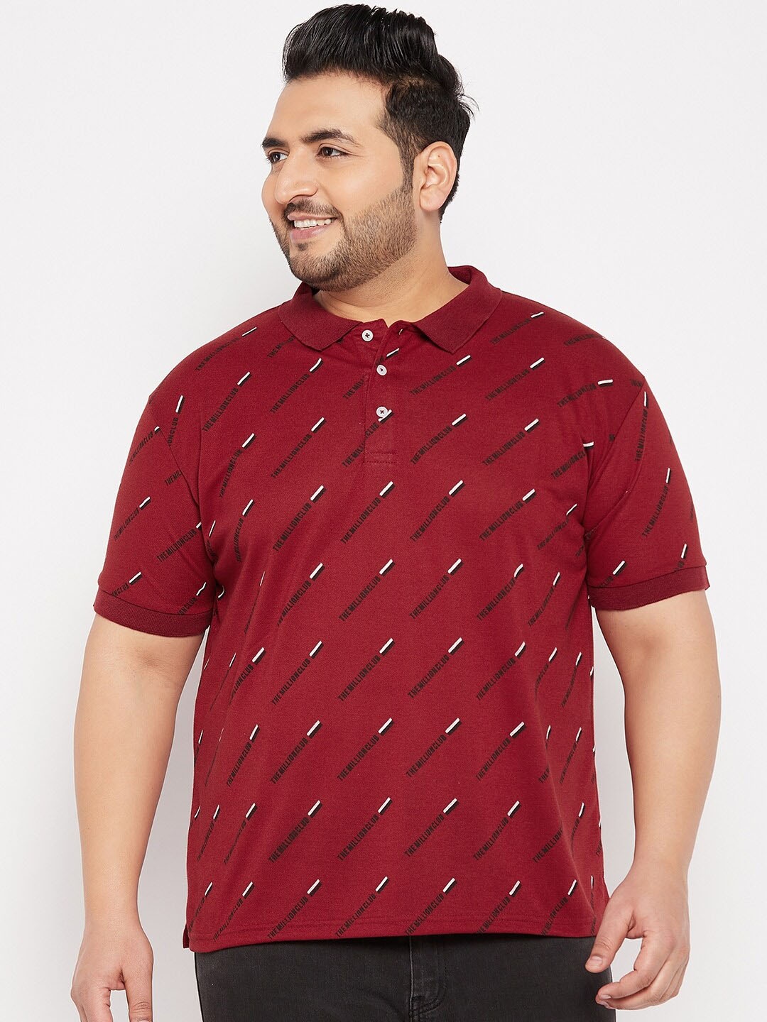 

THE MILLION CLUB Plus Size Typography Printed Polo Collar Cotton Casual T-shirt, Maroon