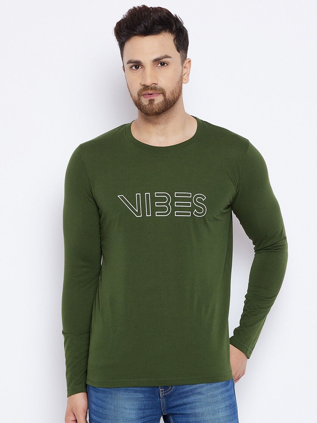 

THE MILLION CLUB Typography Printed Round Neck Long Sleeves Cotton T-shirt, Olive