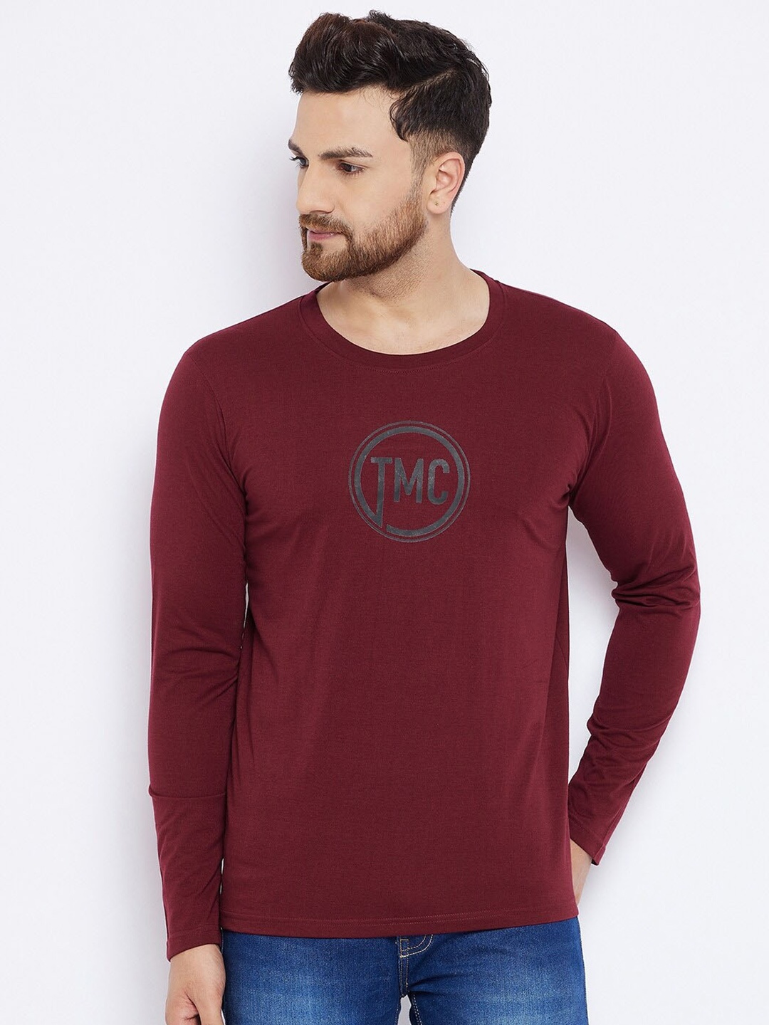 

THE MILLION CLUB Typography Printed Cotton Casual T-shirt, Maroon