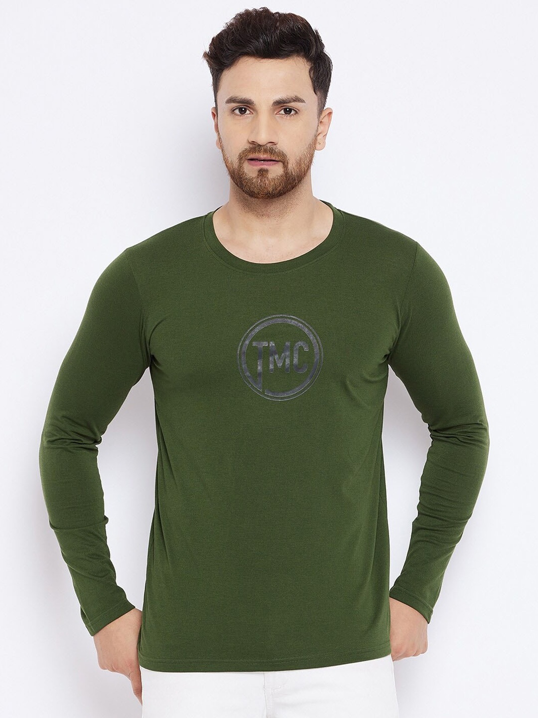 

THE MILLION CLUB Typography Printed Cotton Casual T-shirt, Olive