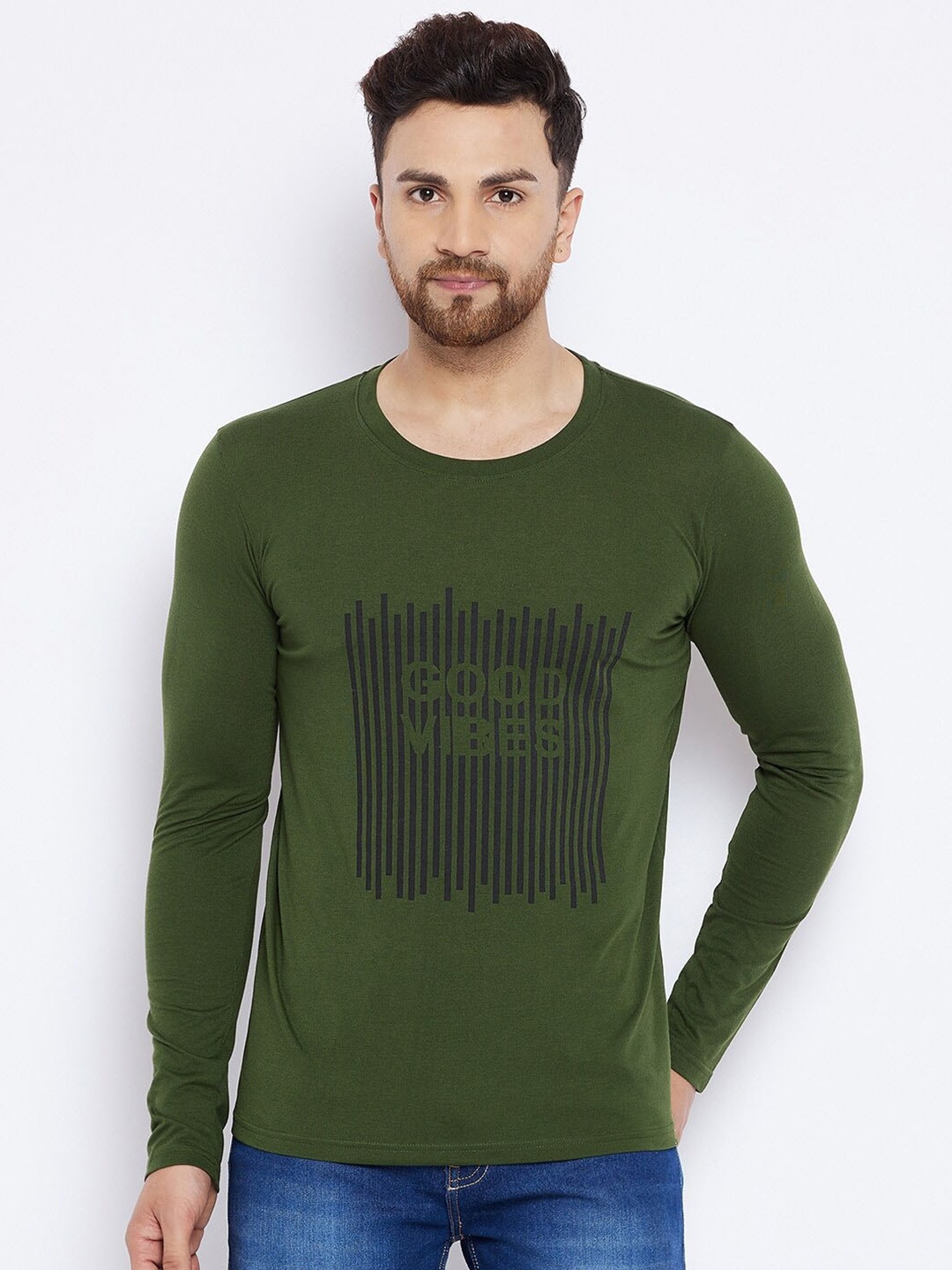 THE MILLION CLUB Typography Printed Cotton Casual T-shirt, Olive