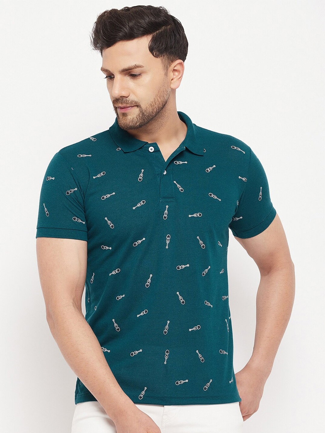 

THE MILLION CLUB Conversational Printed Polo Collar Cotton Casual T-shirt, Teal