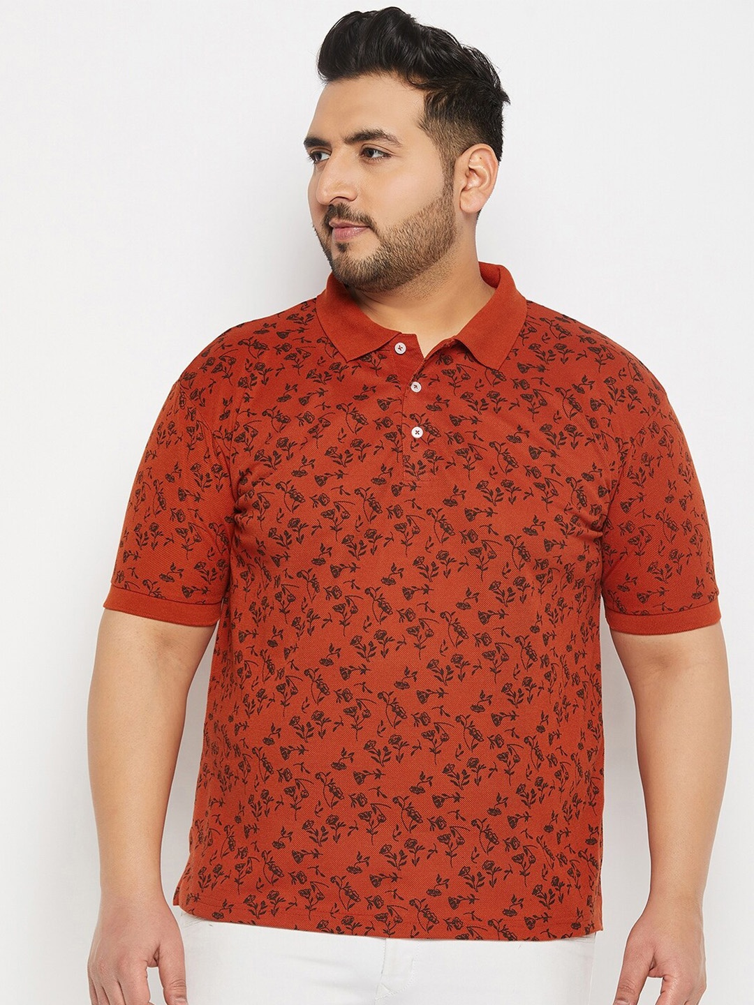 

THE MILLION CLUB Plus Size Floral Printed Polo Collar Short Sleeves Cotton T-shirt, Rust