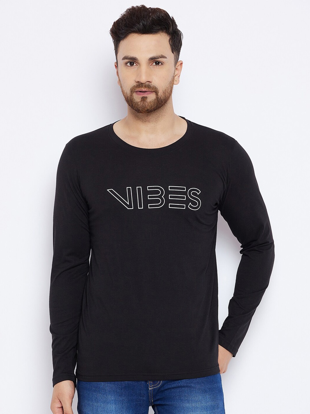 

THE MILLION CLUB Typography Printed Cotton Casual T-shirt, Black