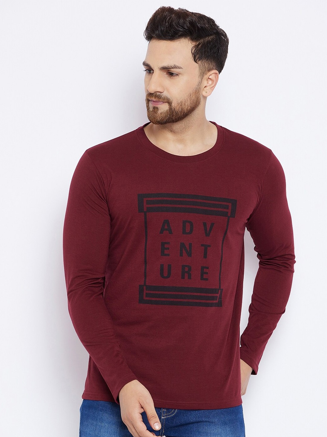 

THE MILLION CLUB Typography Printed Cotton Casual T-shirt, Maroon