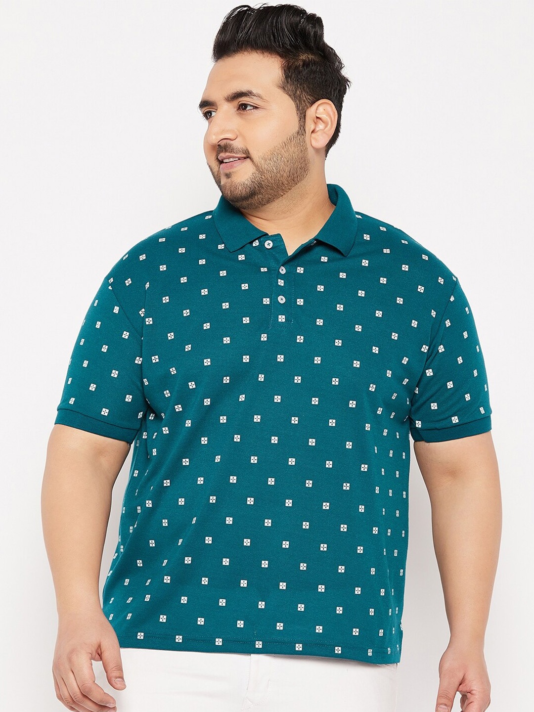 

THE MILLION CLUB Plus Size Geometric Printed Polo Collar Cotton Casual T-shirt, Teal