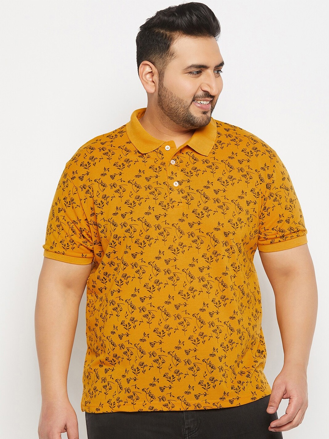 

THE MILLION CLUB Pus Size Floral Printed Polo Collar Cotton T-shirt, Yellow
