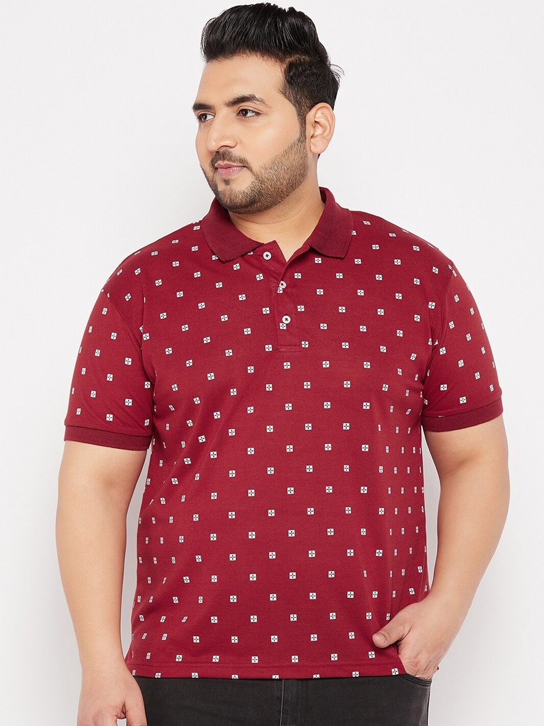 

THE MILLION CLUB Pus Size Geometric Printed Polo Collar Short Sleeve Cotton T-shirt, Maroon