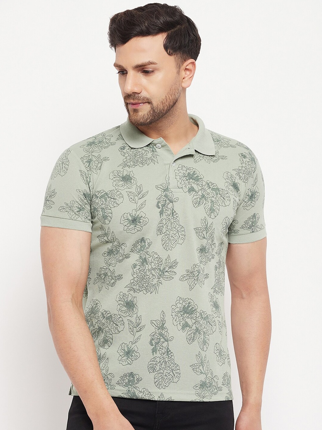 

THE MILLION CLUB Floral Printed Polo Collar Cotton Casual T-shirt, Sea green