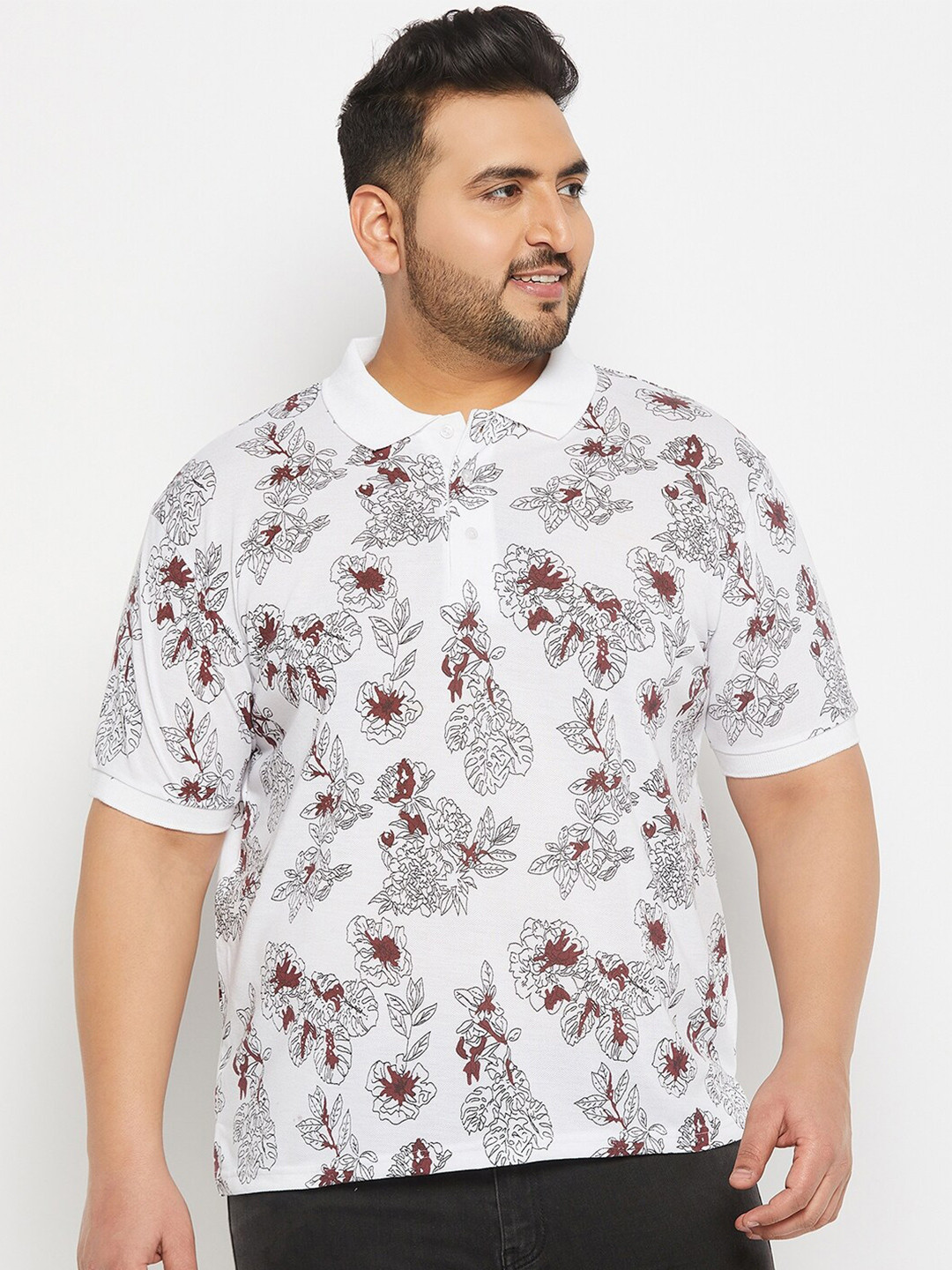 

THE MILLION CLUB Plus Size Floral Printed Polo Collar Short Sleeves Cotton T-shirt, White