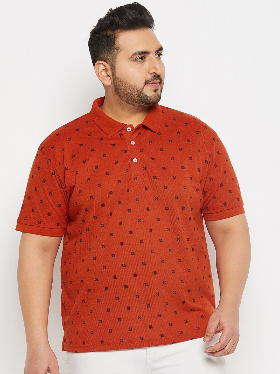 

THE MILLION CLUB Plus Size Geometric Printed Polo Collar Cotton Casual T-shirt, Rust