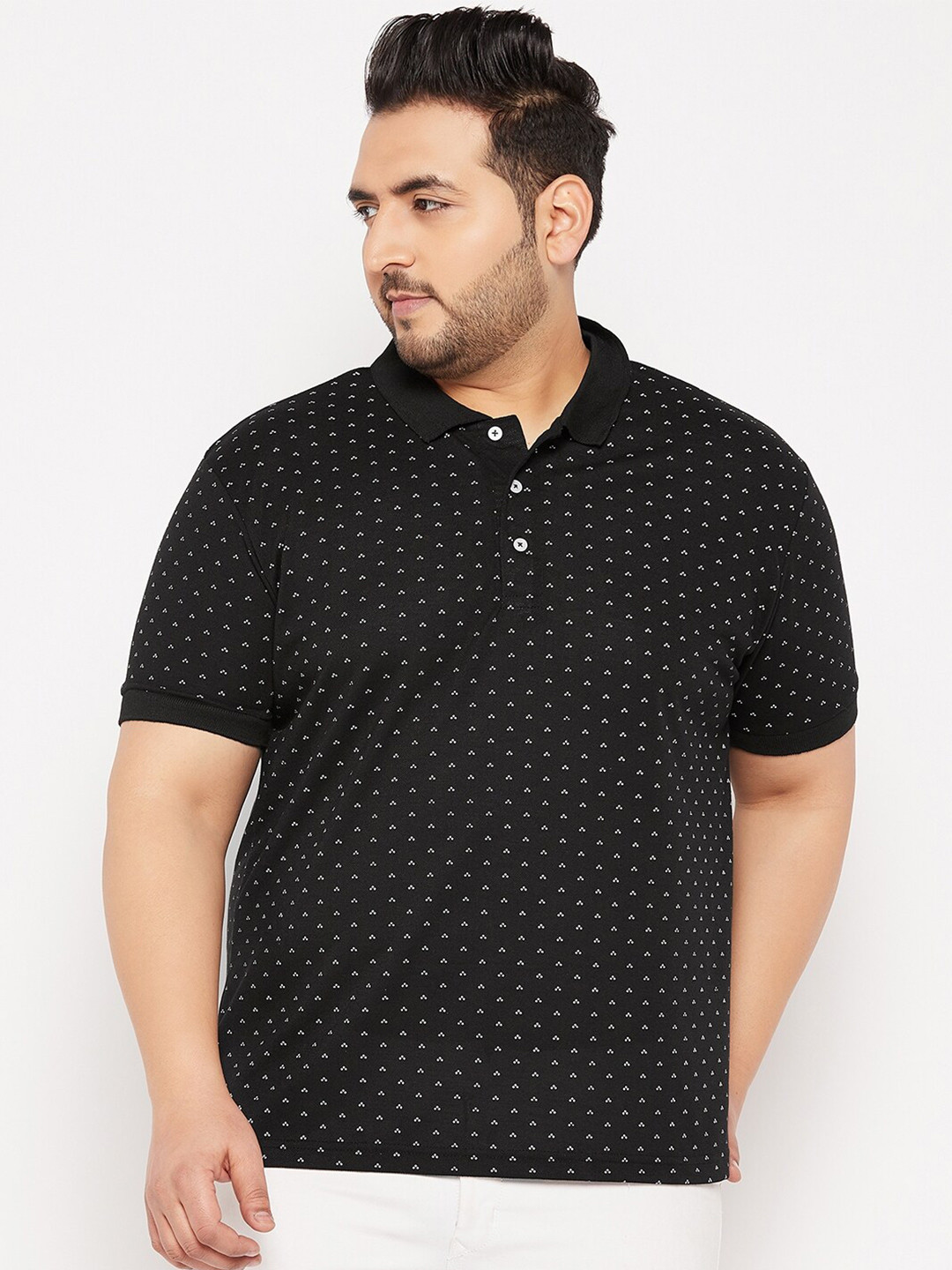 

THE MILLION CLUB Plus Size Polka Dot Printed Polo Collar Cotton Casual T-shirt, Black