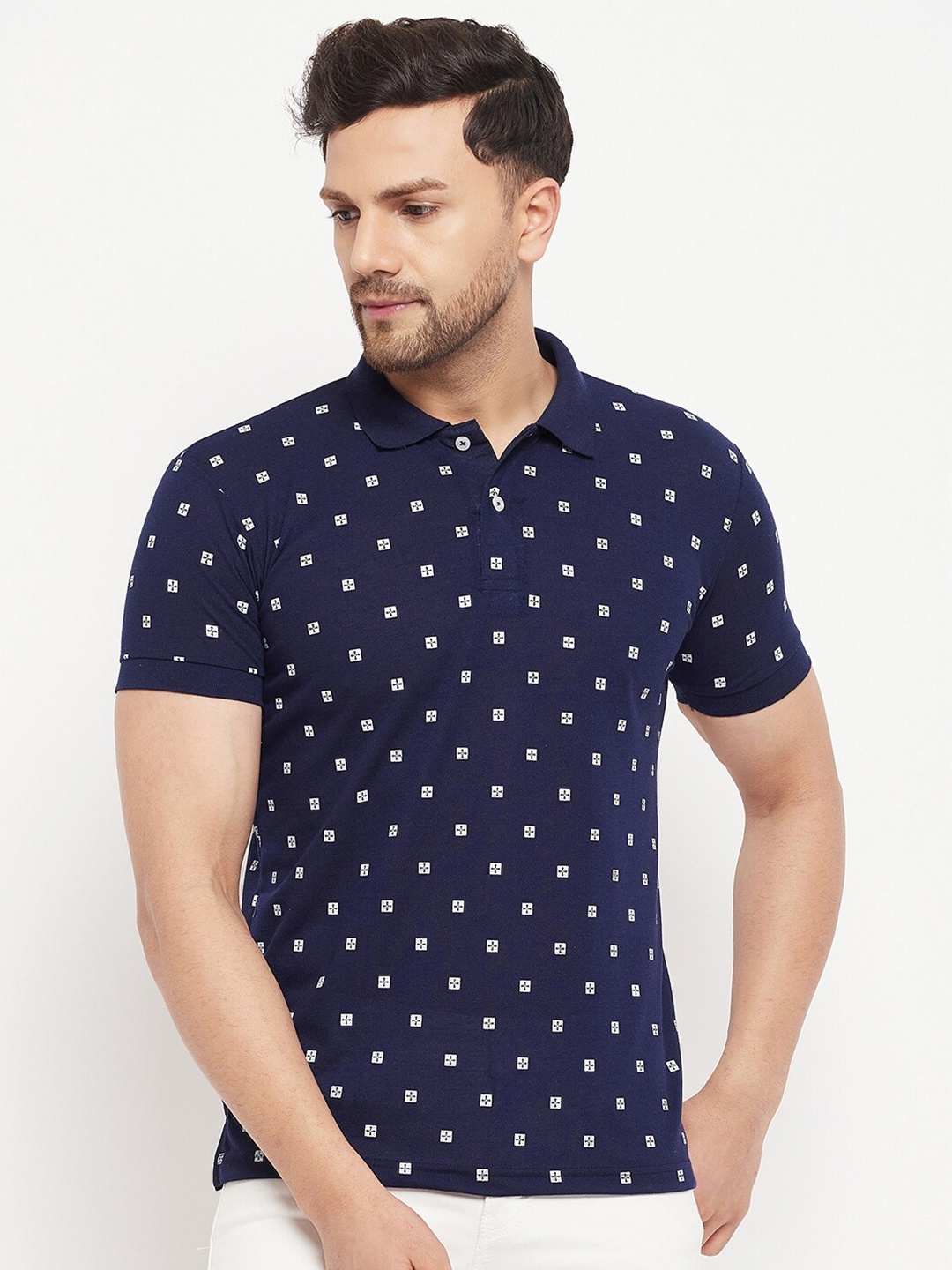 

THE MILLION CLUB Printed Polo Collar Cotton T-shirt, Navy blue