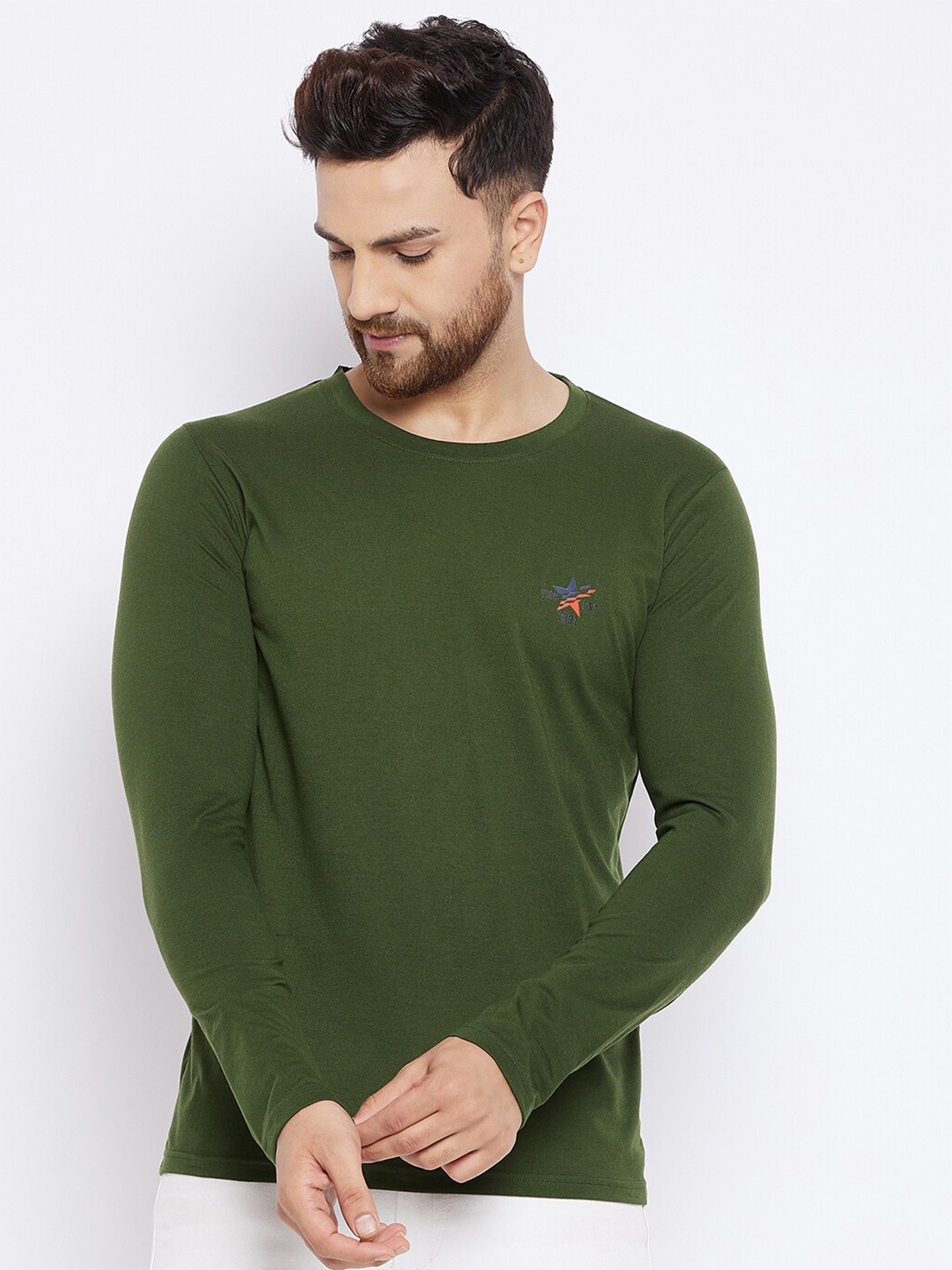 

THE MILLION CLUB Long Sleeves Cotton Casual T-shirt, Olive