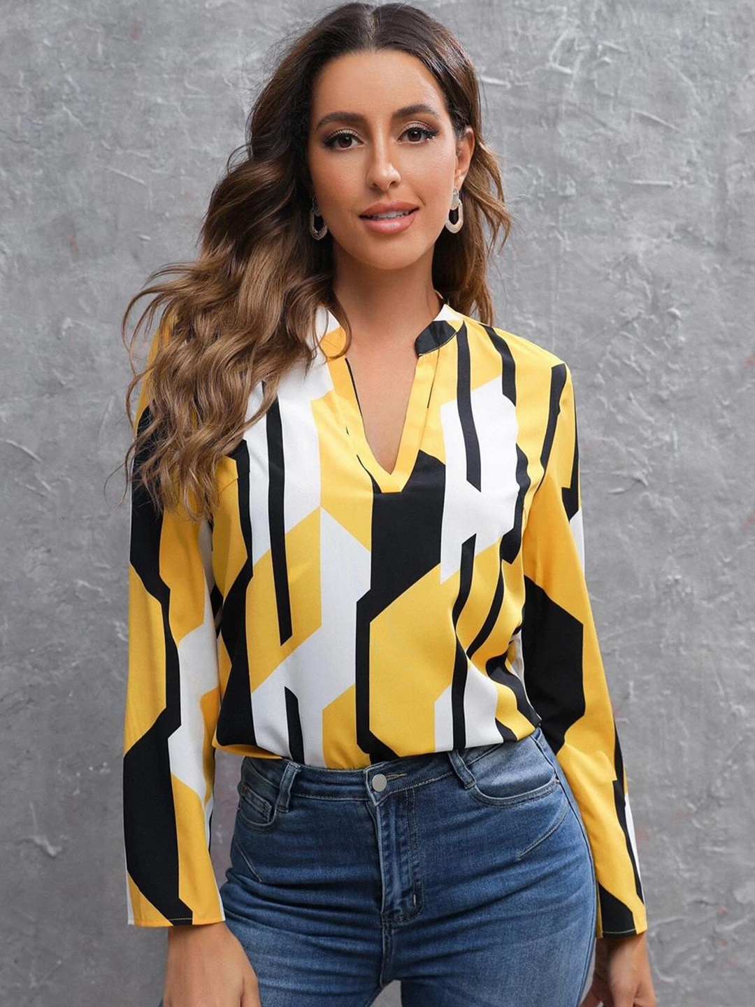 

Kotty Print Mandarin Collar Crepe Shirt Style Top, Yellow