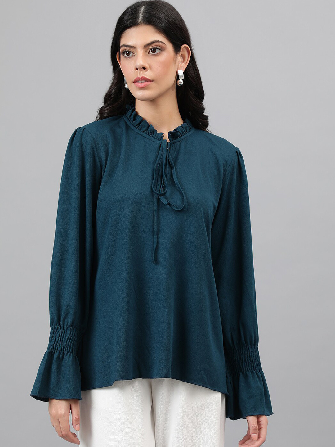 

Kotty Tie-Up Neck Bell Sleeve Top, Green