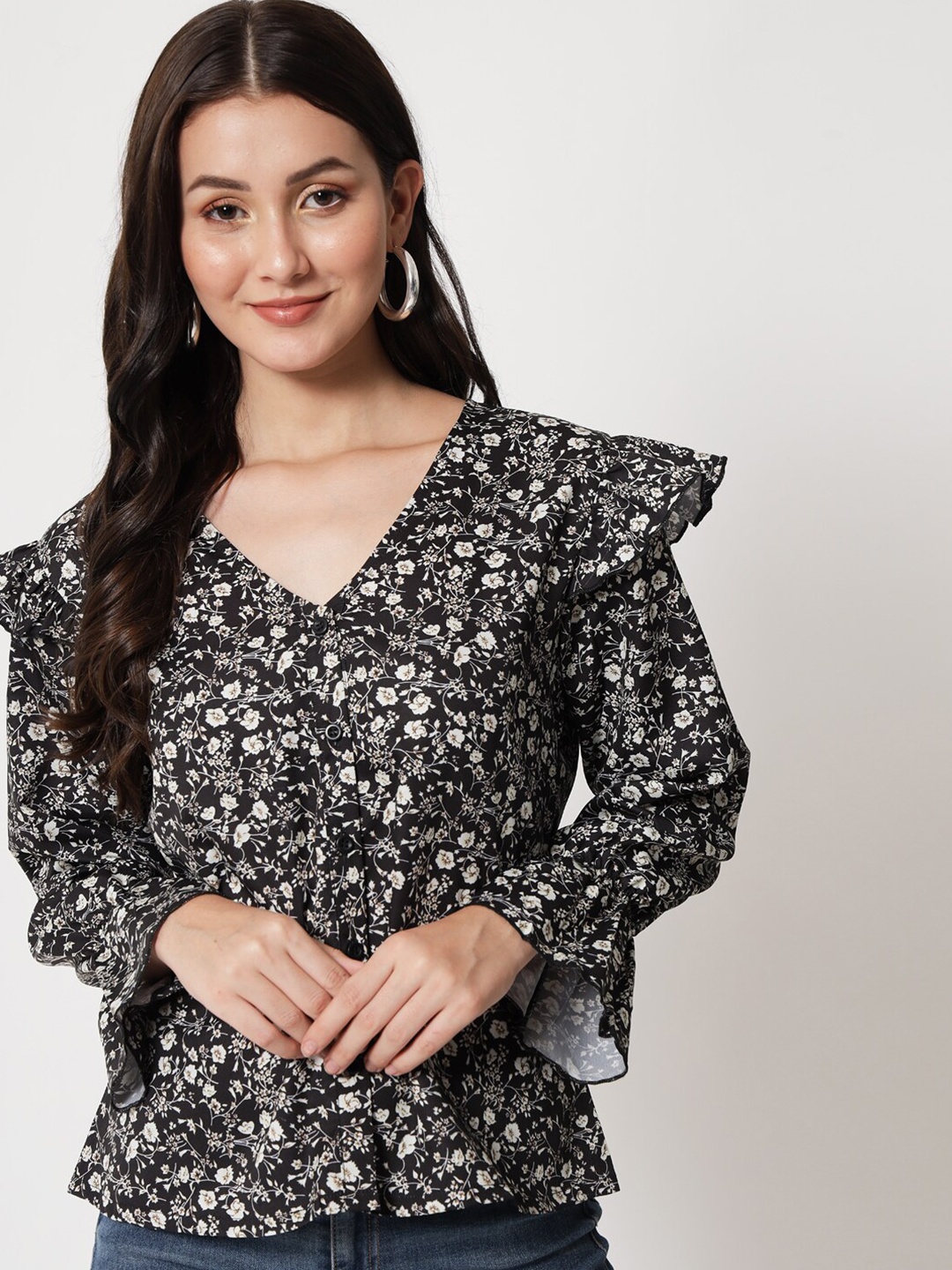 

Kotty Floral Print Bell Sleeve Ruffles Crepe Top, Black
