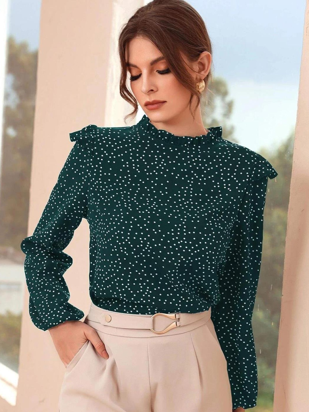 

Kotty Polka Dot Print Puff Sleeve Ruffles Crepe Top, Green