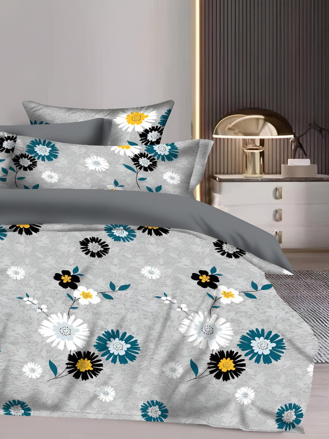 

Signature Grey & White Floral 160 TC Queen Bedsheet with 2 Pillow Covers