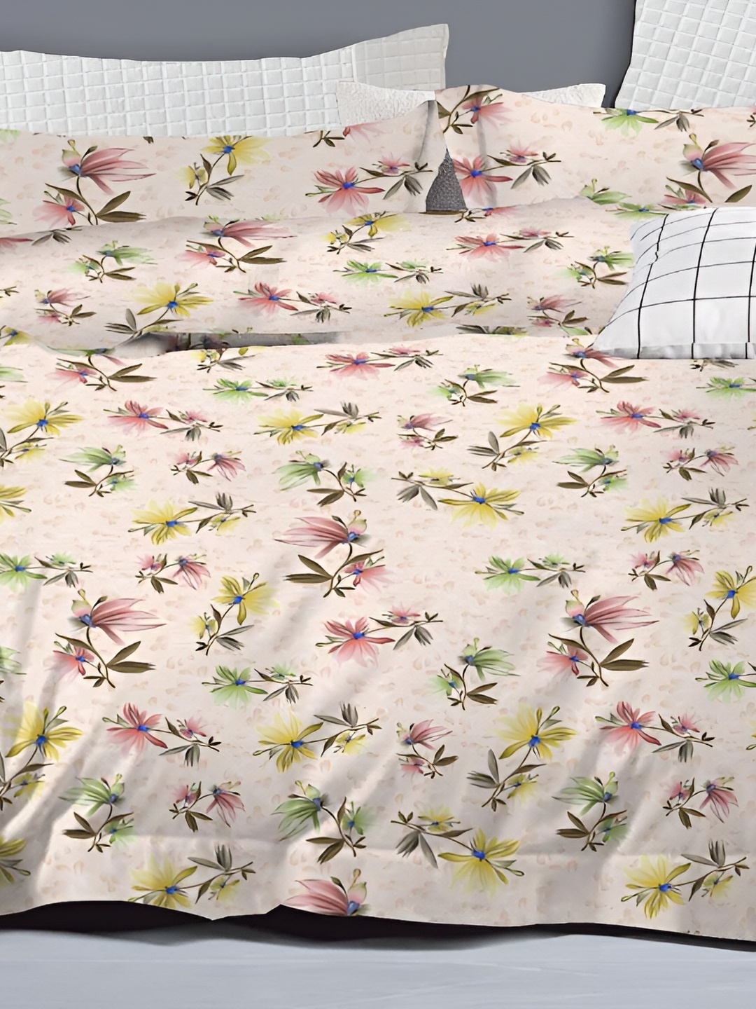 

Signature Cream & Green Floral 160 TC Queen Bedsheet with 2 Pillow Covers
