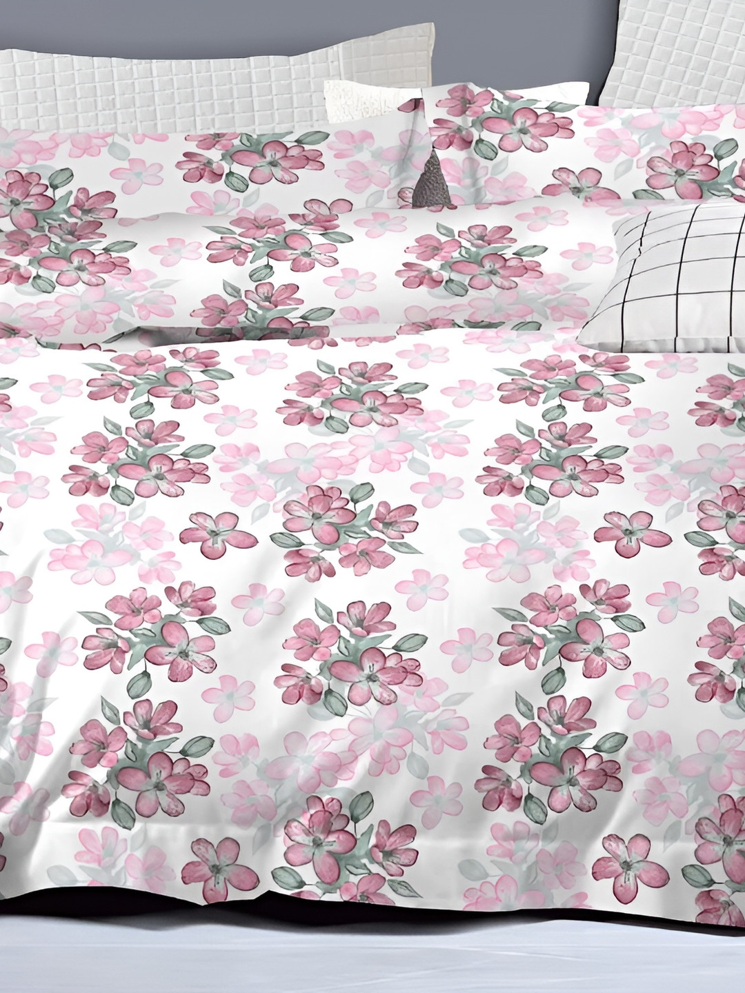 

Signature White & Pink Floral 160 TC Queen Bedsheet with 2 Pillow Covers