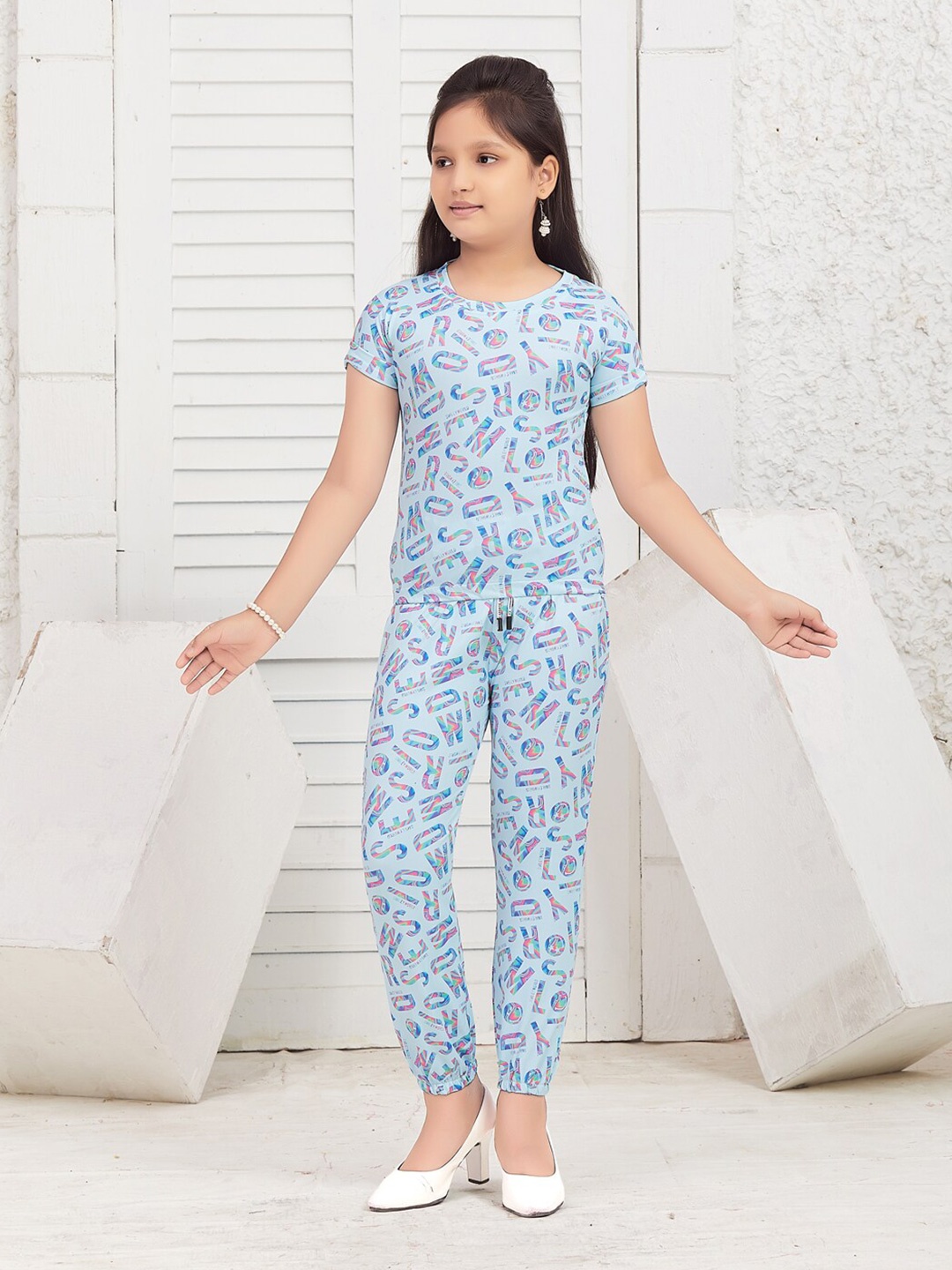 

BAESD Girls Typography Printed Nylon Top With Trousers, Turquoise blue