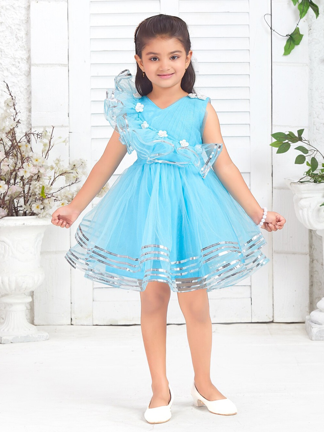 

BAESD Girls Self Design V-Neck Sleeveless Ruffles Net Fit & Flare Dress, Turquoise blue