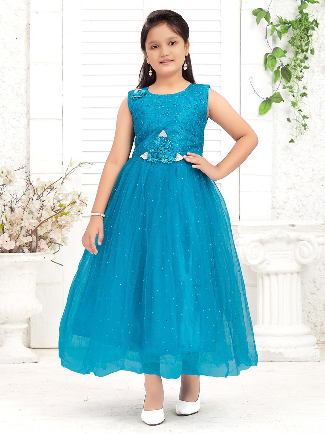 

BAESD Girls Embellished Net Fit & Flare Maxi Dress, Turquoise blue