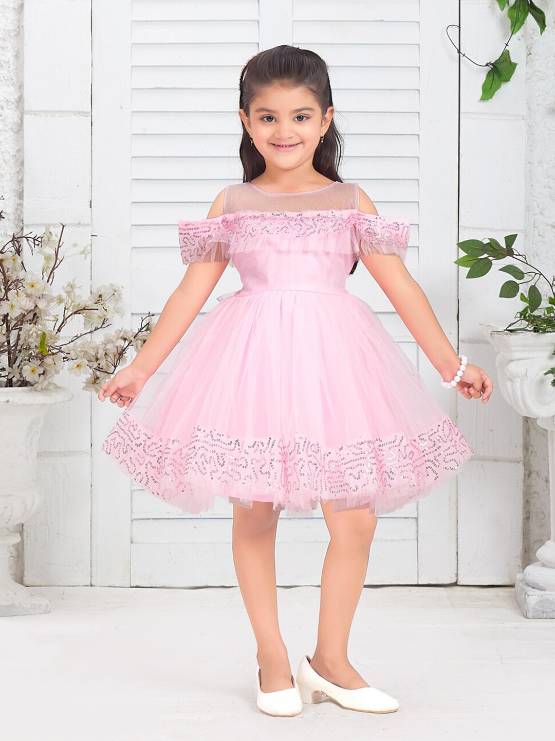 

BAESD Girls Self Design Round Neck Cold-Shoulder Sleeves Net Fit & Flare Dress, Pink
