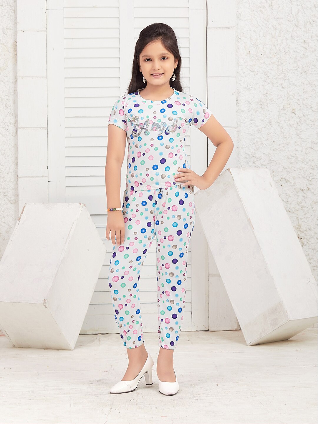 

BAESD Girls Geometric Printed Nylon Top With Trousers, White