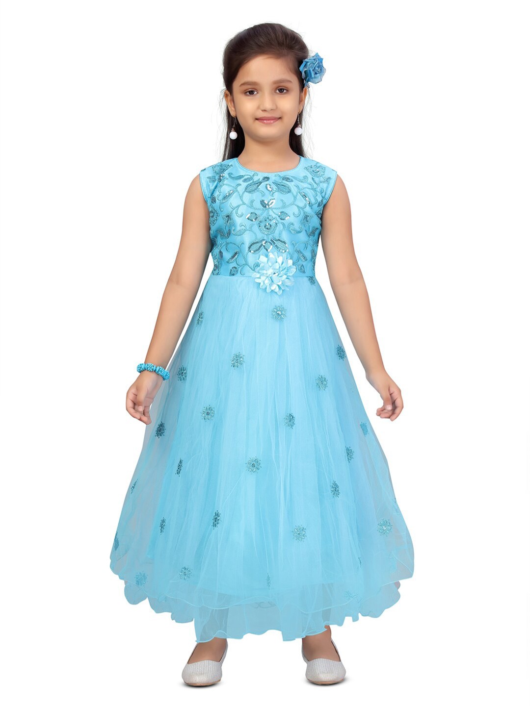

BAESD Girls Embellished Net Round Neck Sleeveless Opaque Maxi Dress, Turquoise blue