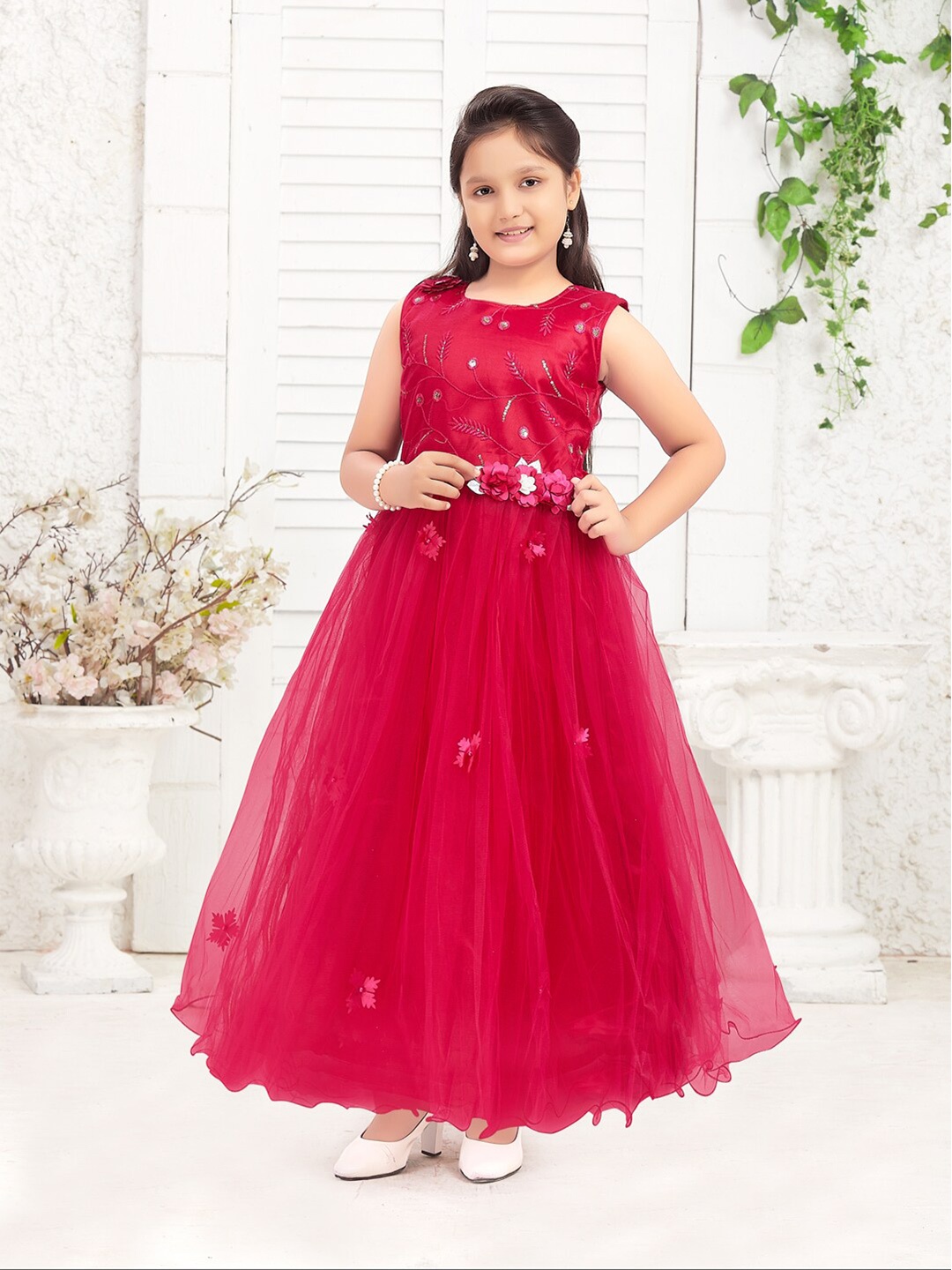 

BAESD Girls Floral Embroidered Round Neck Corsage Net Gown Maxi Dress, Pink