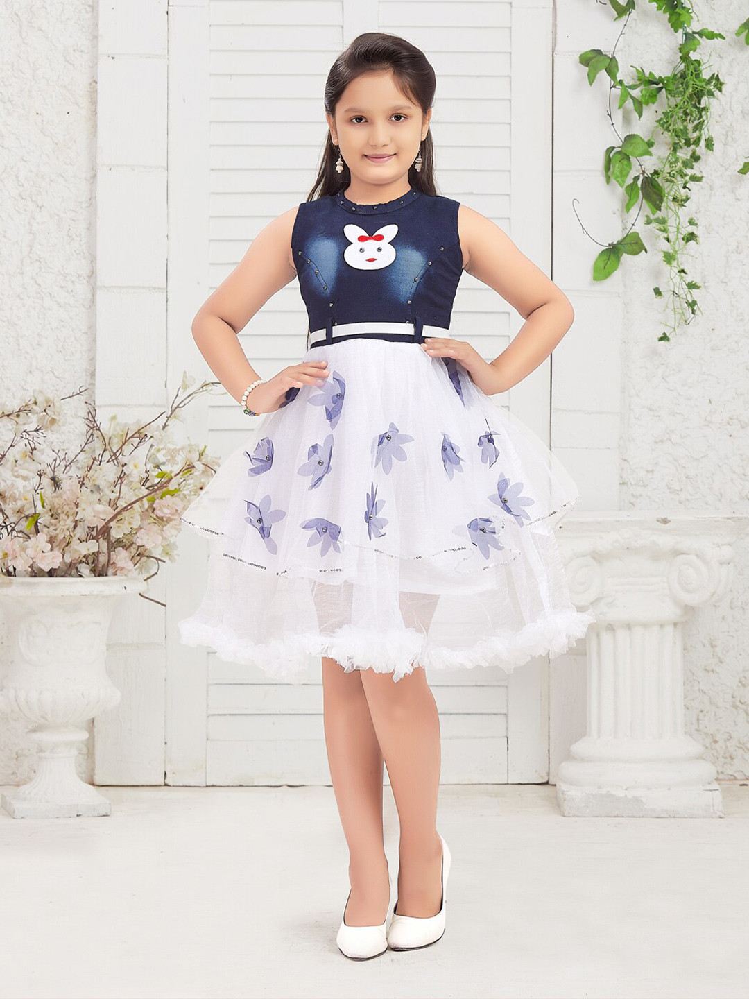 

BAESD Floral Self Design Denim Fit & Flare Dress, Navy blue