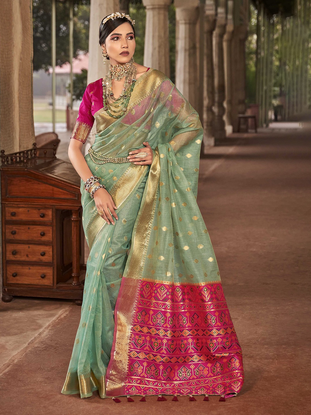 

Mitera Woven Design Zari Silk Cotton Banarasi Saree, Teal