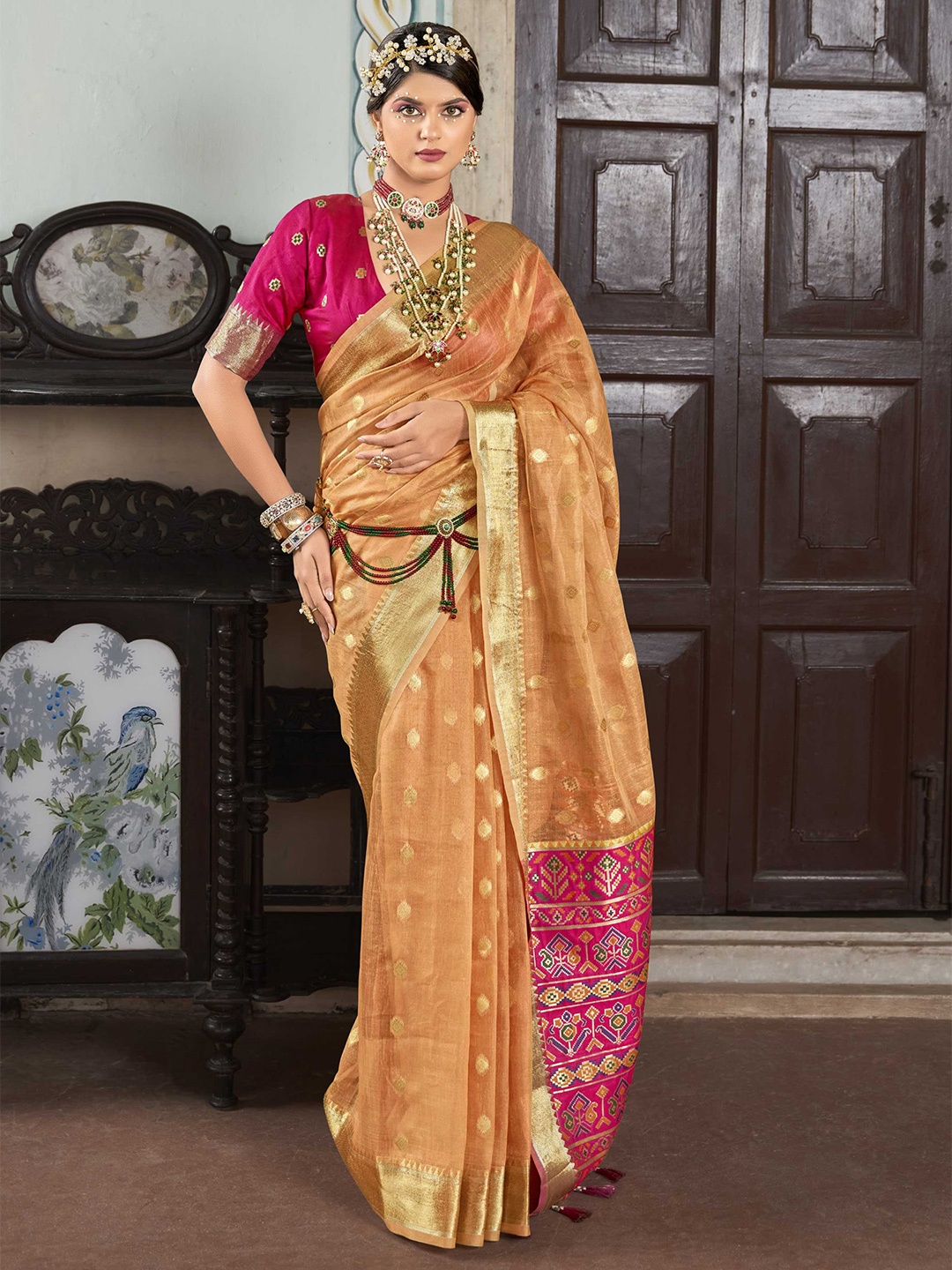 

Mitera Ethnic Motifs Zari Silk Cotton Banarasi Saree, Orange
