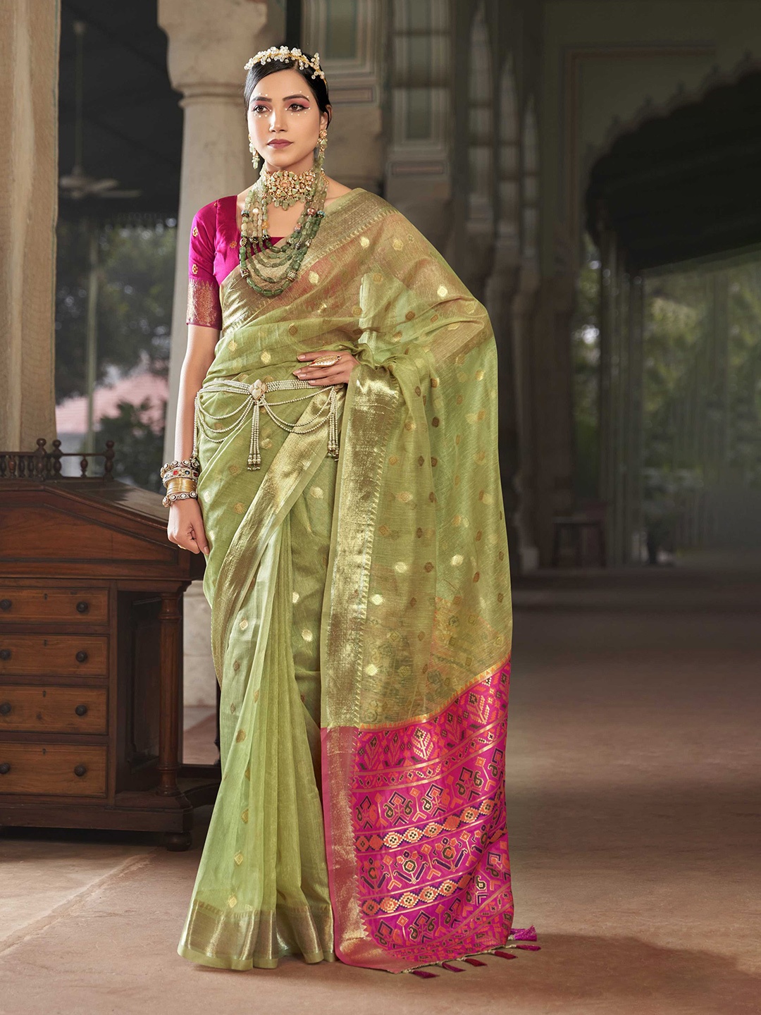 

Mitera Woven Design Zari Silk Cotton Banarasi Saree, Green
