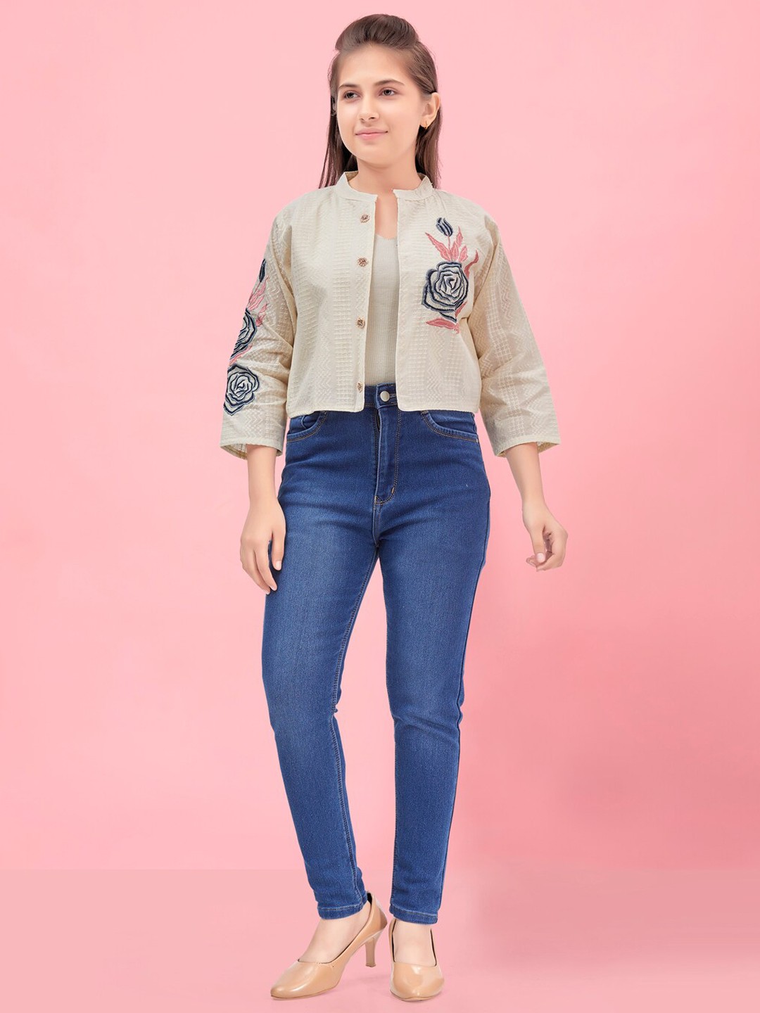 

BAESD Girls Embroidered Crop Ethnic Jacket, Off white