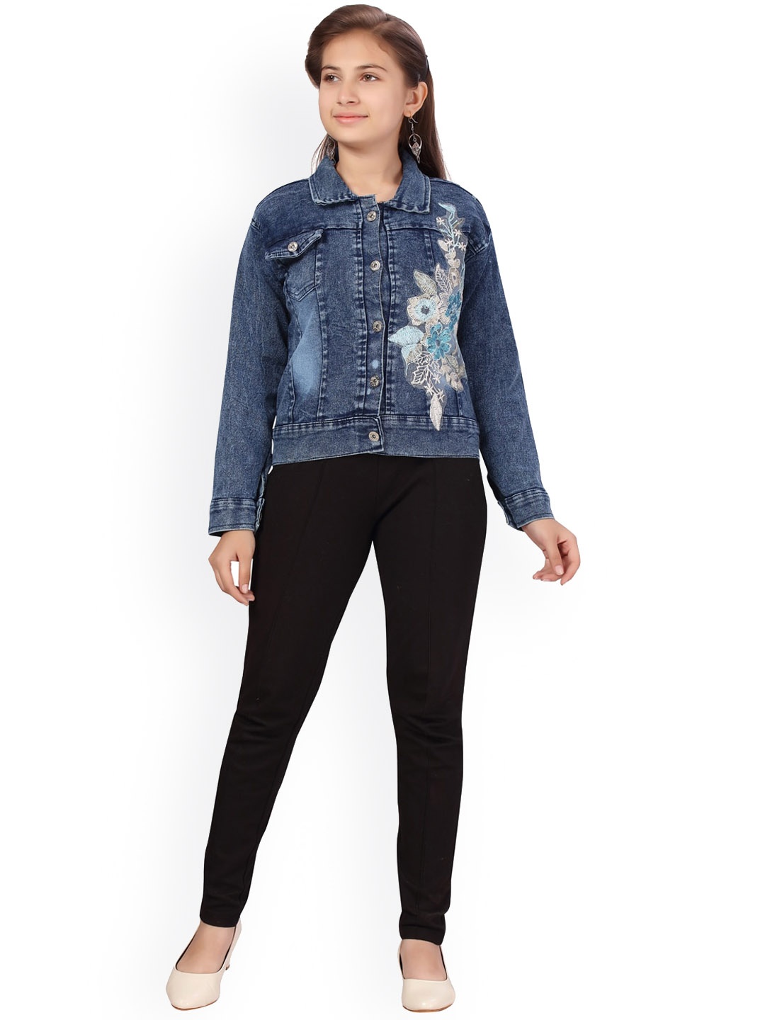 

BAESD Girls Floral Embroidered Cotton Denim Jacket, Blue
