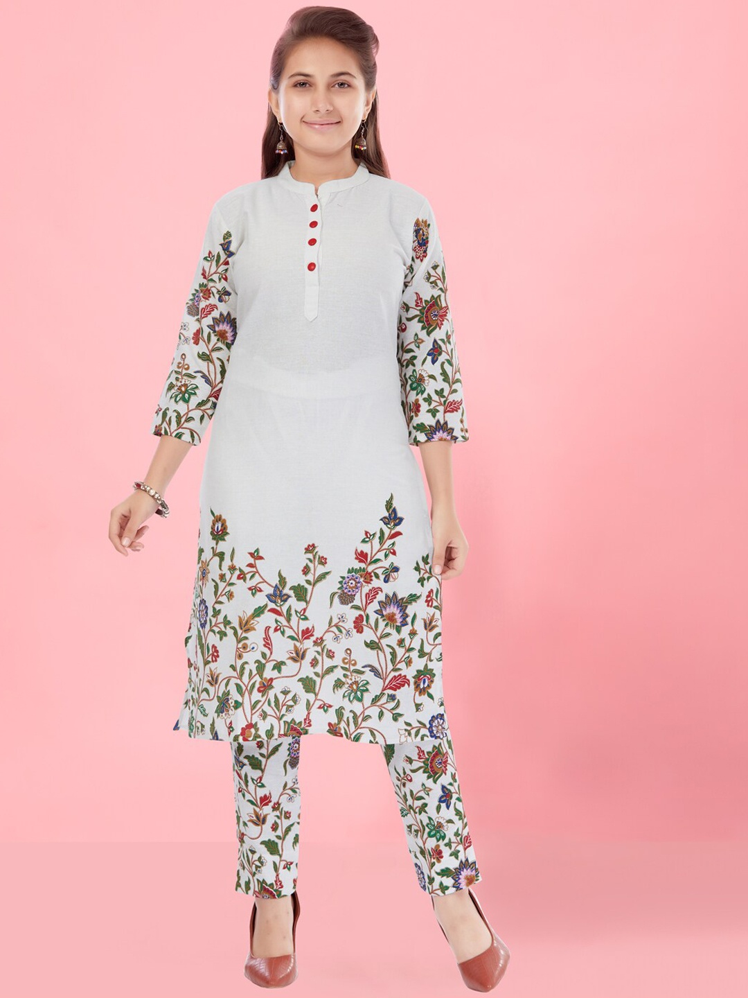 

BAESD Girls Floral Printed Cotton Mandarin Collar A-Line Thread Work Kurta, White