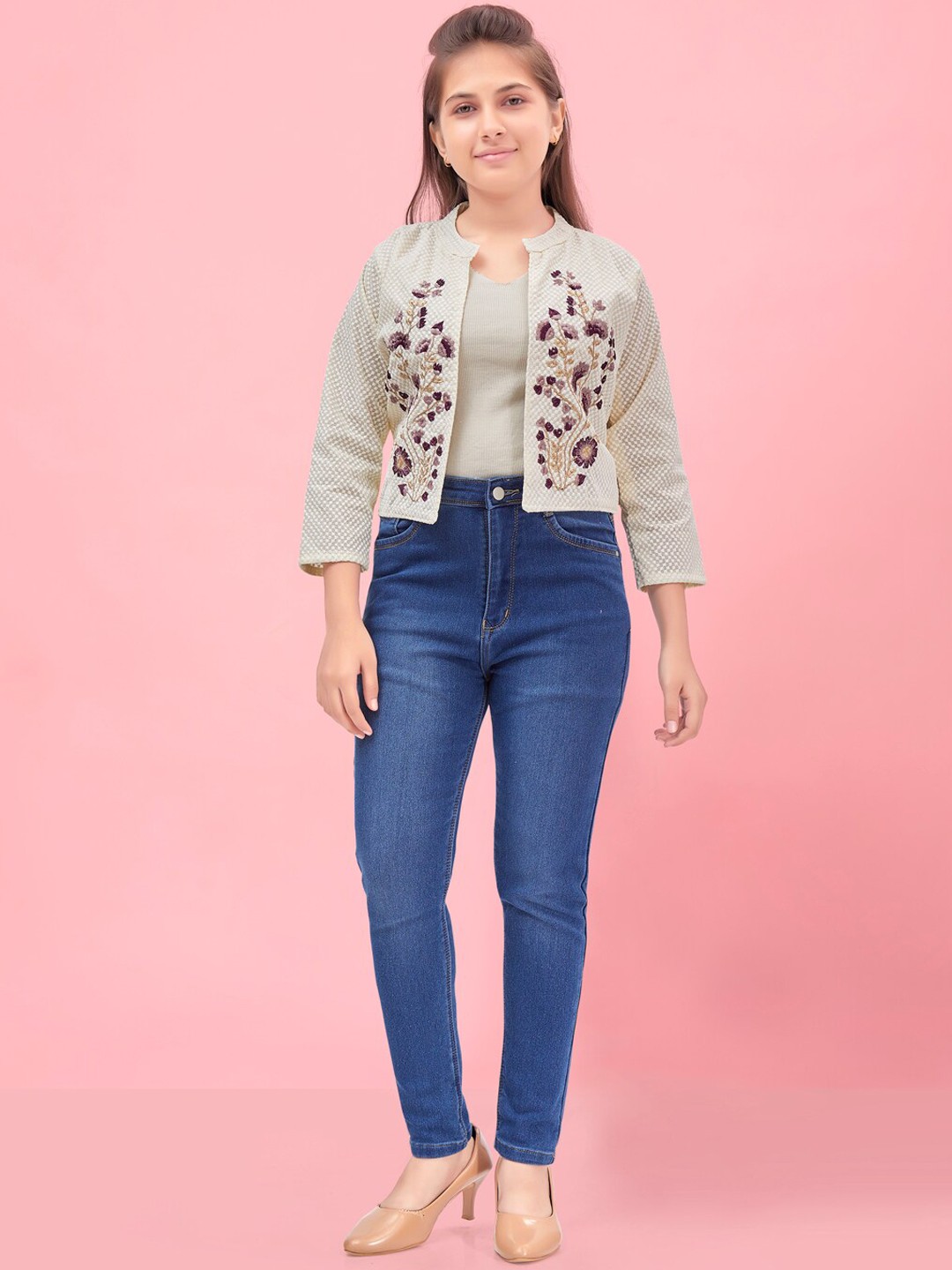 

BAESD Girls Embroidered Crop Open Front Jacket, Beige