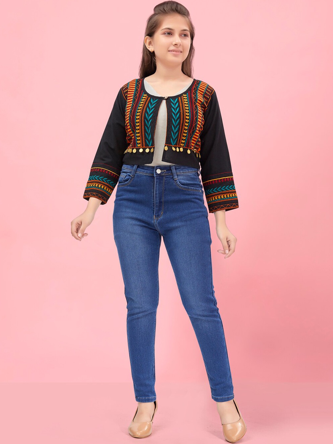 

BAESD Girls Floral Embroidered Cotton Crop Ethnic Tailored Jacket, Black