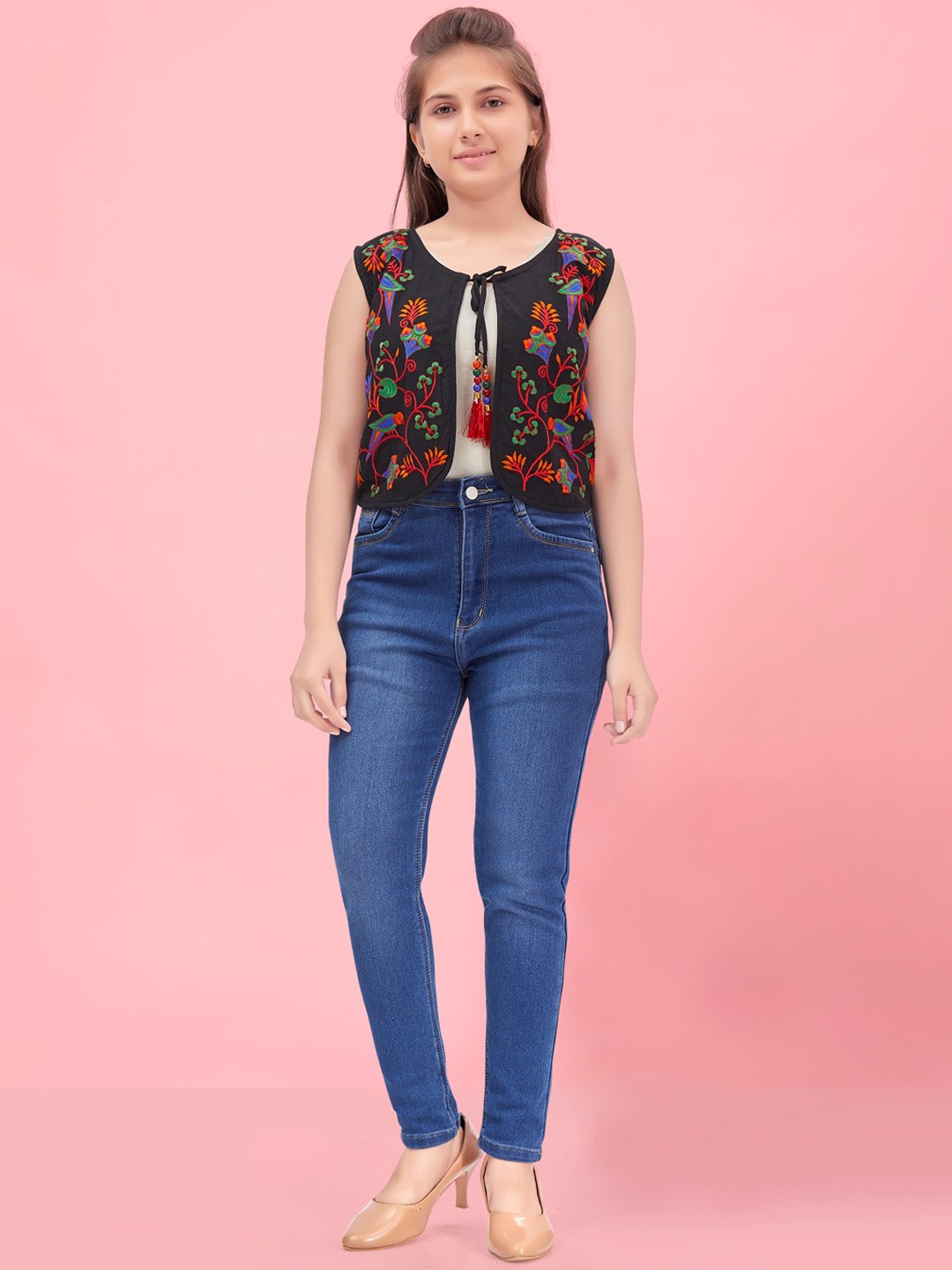 

BAESD Girls Floral Embroidered Cotton Crop Front Open Ethnic Jacket, Black