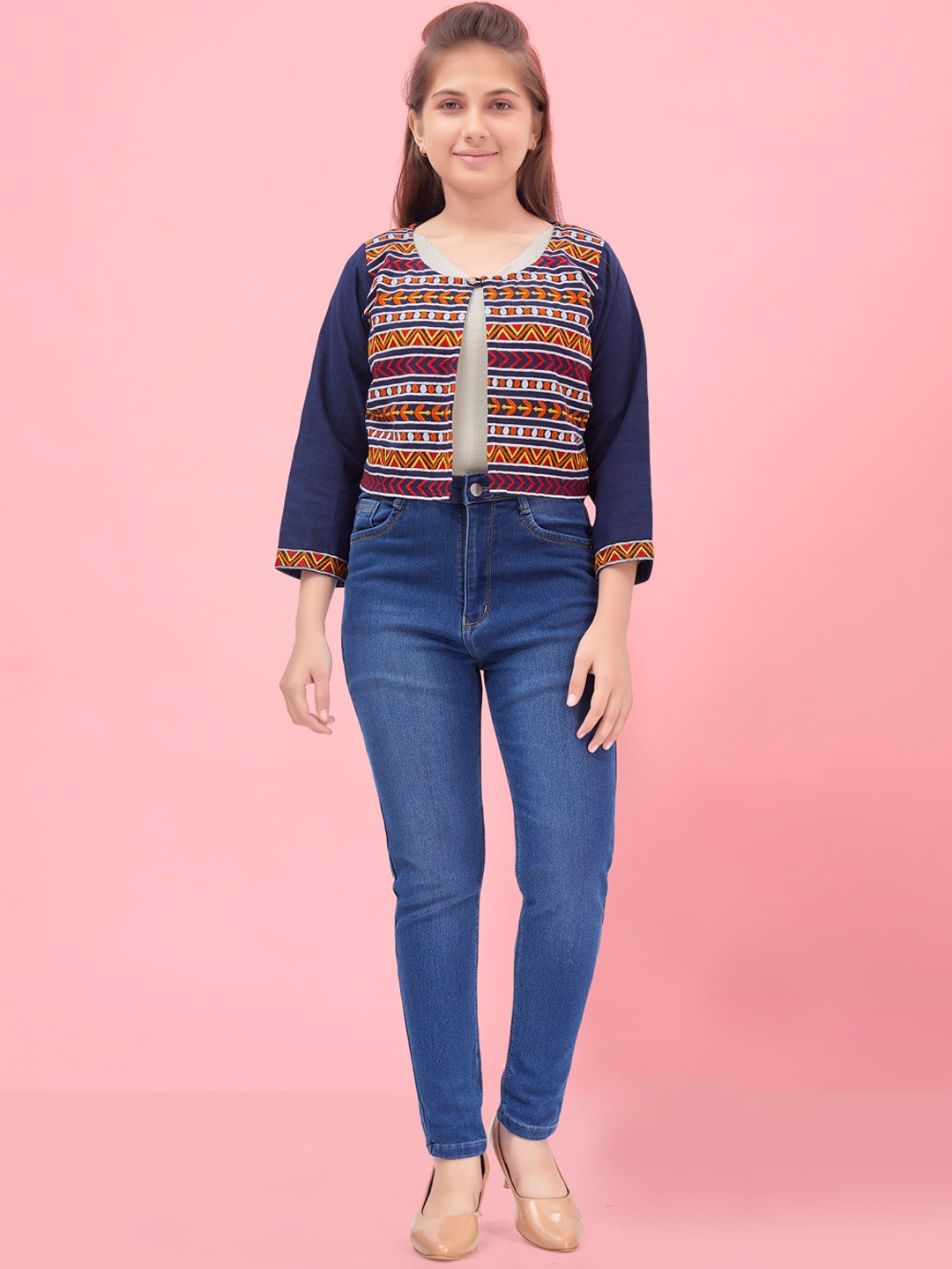 

BAESD Girls Ethnic Motifs Embroidered Cotton Ethnic Jacket, Navy blue