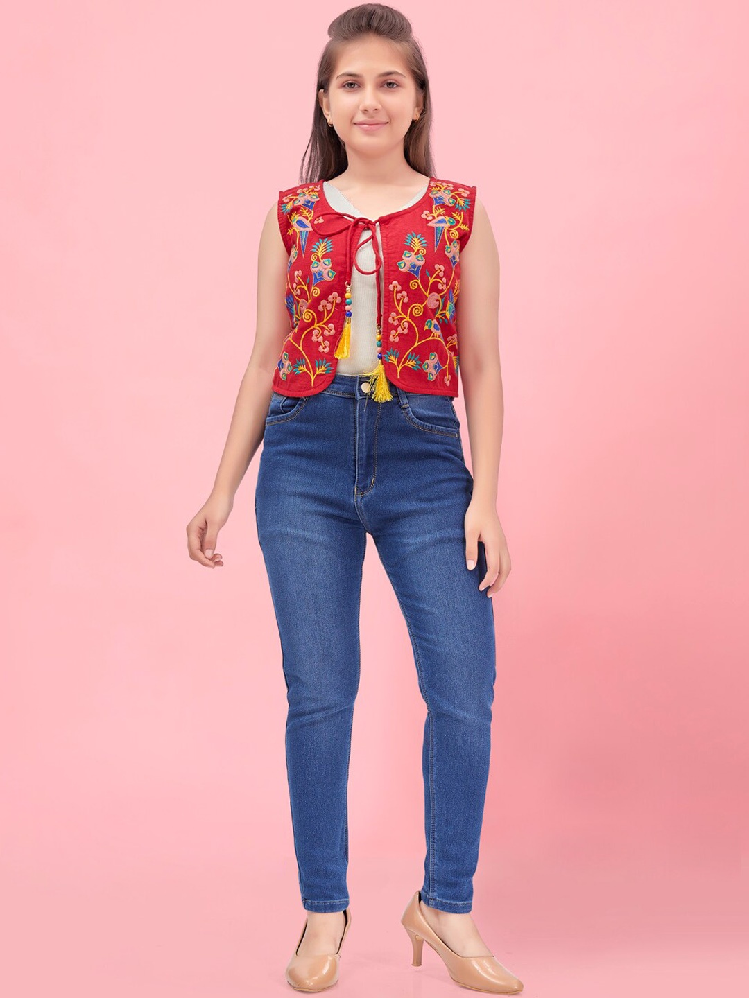 

BAESD Girls Embroidered Sleeveless Crop Ethnic Jacket, Red