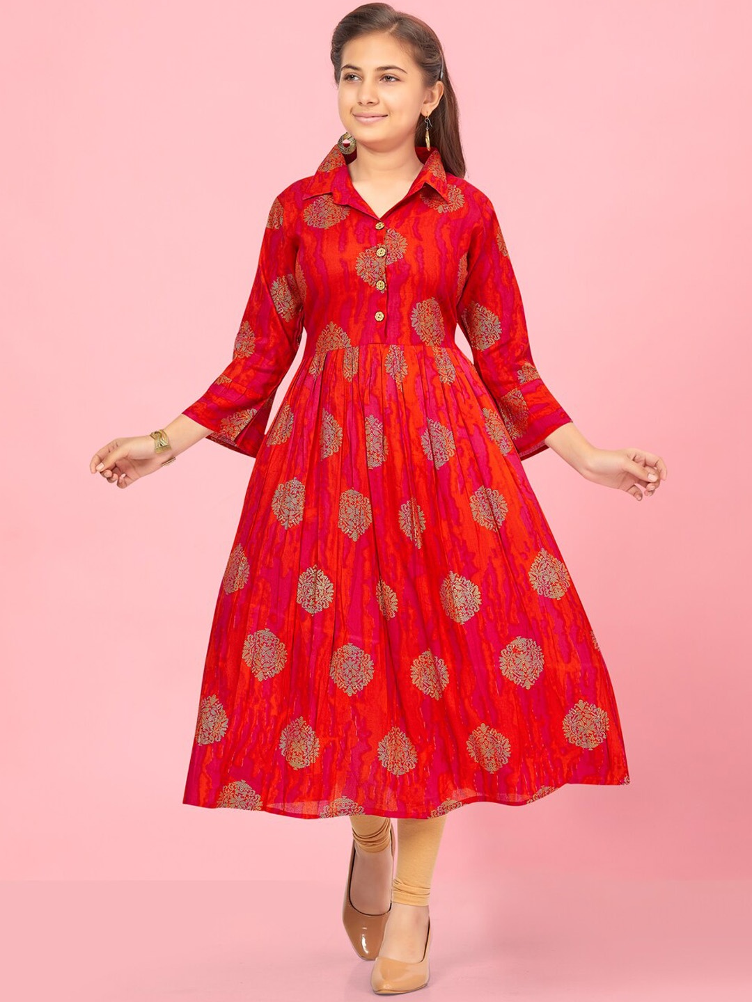 

BAESD Girls Ethnic Motifs Printed Flared Sleeves Cotton Anarkali Kurta, Orange