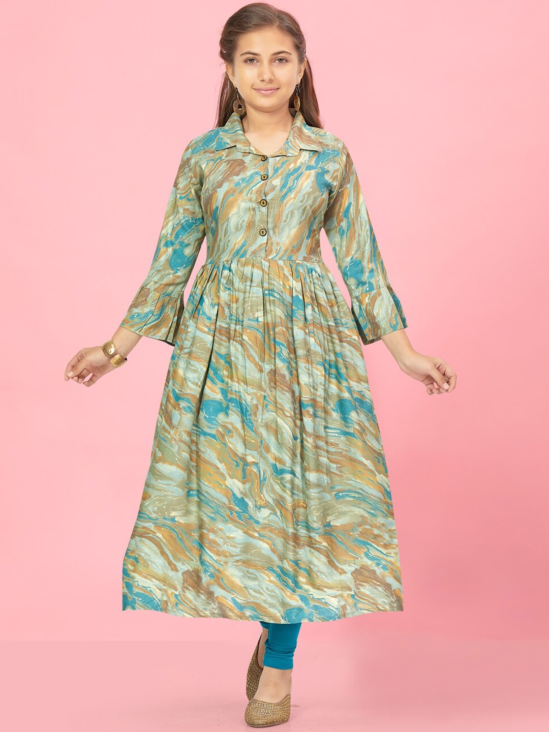 

BAESD Girls Printed Flared Sleeves Anarkali Kurta, Blue