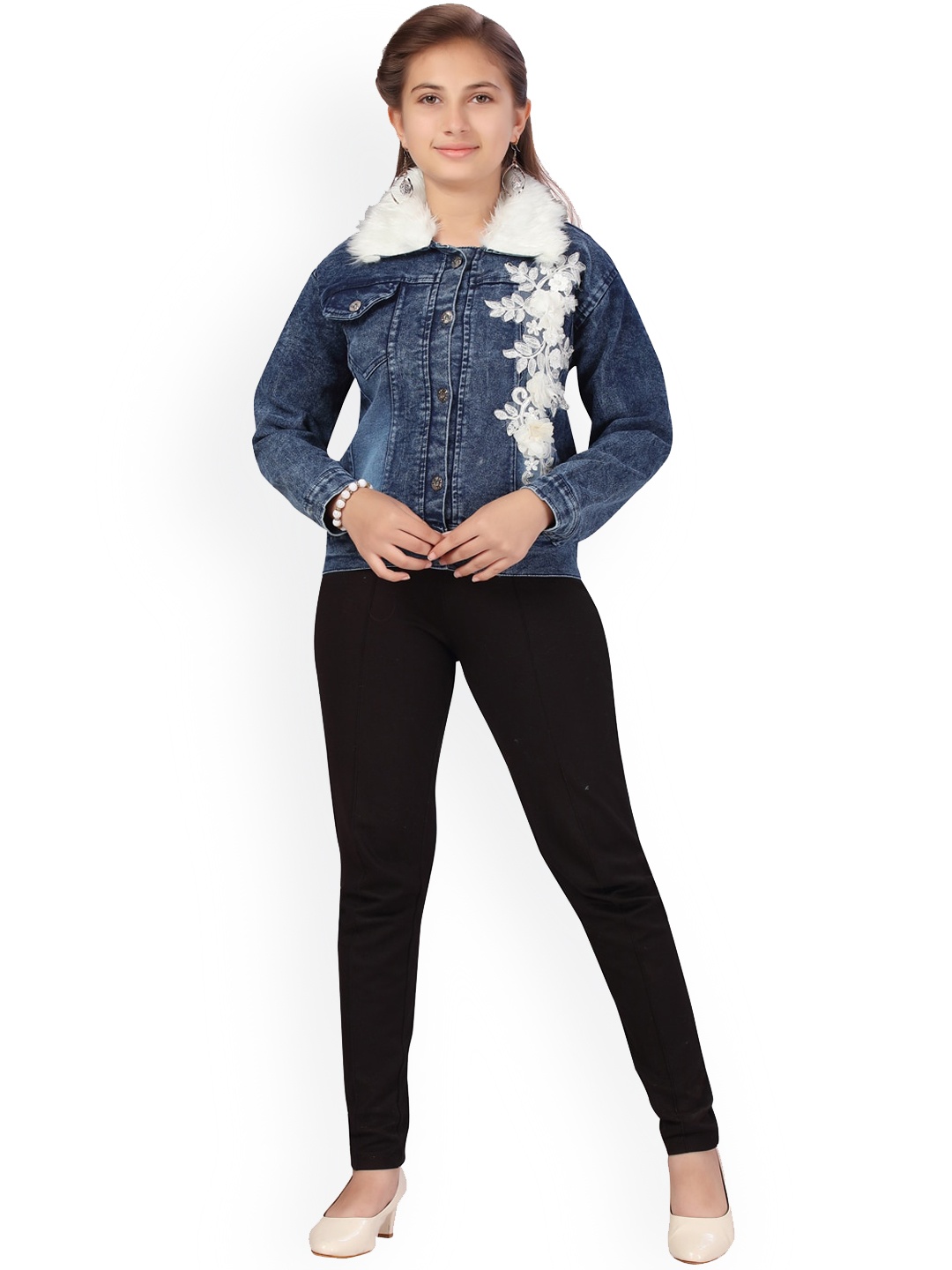 

BAESD Girls Embroidered Washed Crop Cotton Denim Jacket, Blue