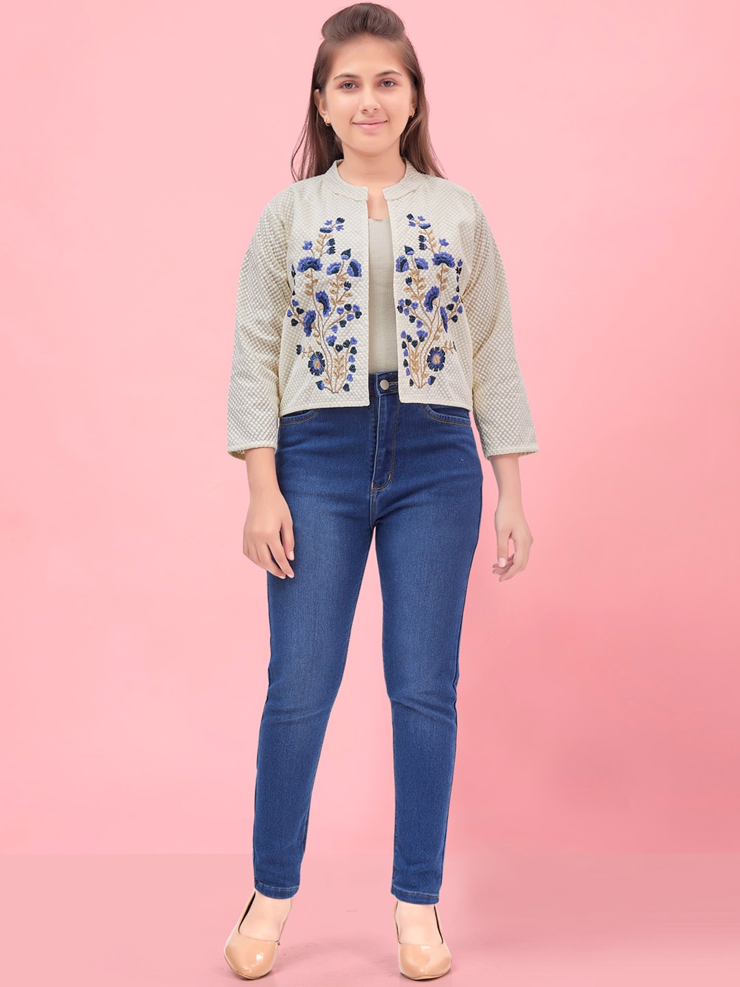 

BAESD Girls Floral Embroidered Mandarin Collar Cotton Open Front Jacket, Blue