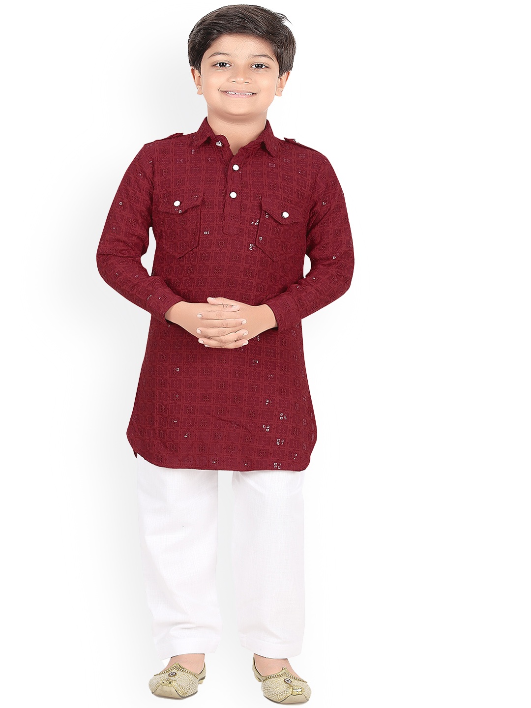 

BAESD Boys Ethnic Motifs Embroidered Sequinned Shirt Collar Pathani Kurta With Pyjamas, Maroon